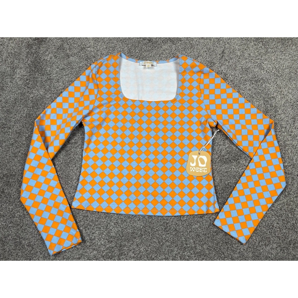 Jo West Shirt Womens Medium Retro Orange Diamond Crop Boho Unique Funky Top NEW